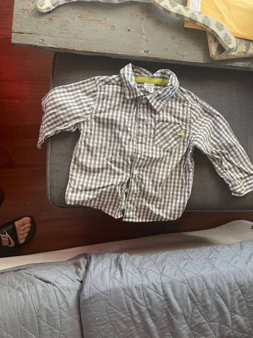 Carter's Gray and White Gingham Button-Down Shirt